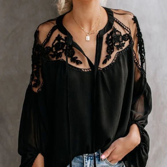 Romantic Sheer Chiffon Floral Embroidery Blouse - Picture 1 of 6